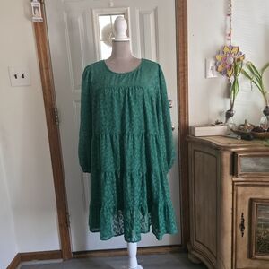 Green Chiffon Cheattah Animal Finishin  Long Sleeve Dress